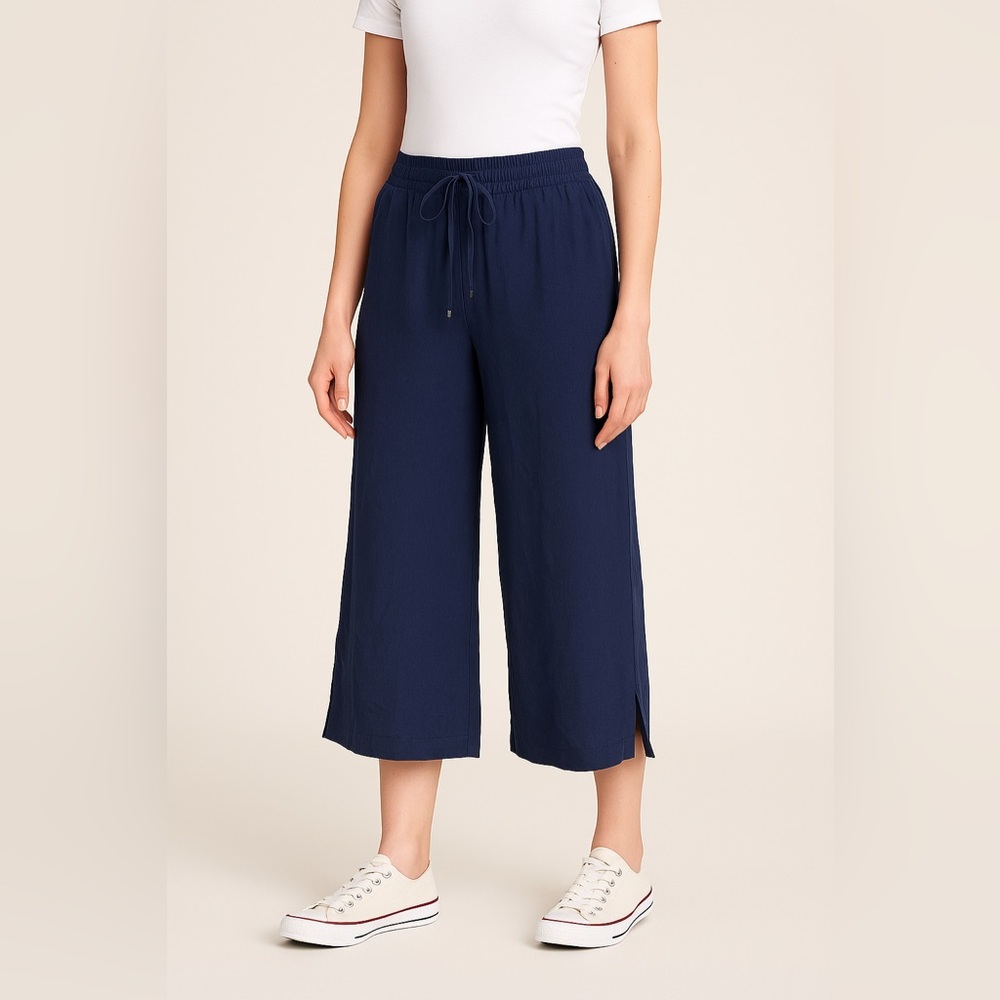 Spanner | Navy Tencel Linen High Rise Stretch Waist Crop Loose Fit Pants - XL